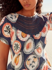 Blue Short Sleeve Crochet Bubblehem Printed Top - Image 3 of 6