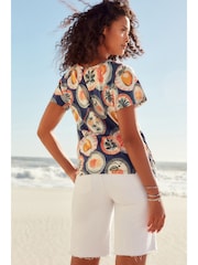 Blue Short Sleeve Crochet Bubblehem Printed Top - Image 4 of 6
