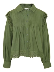Another Sunday Green Pintuck Detail Lace Trim 100% Cotton Shirt - Image 1 of 5