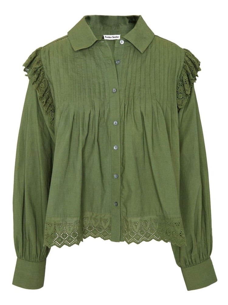 Another Sunday Green Pintuck Detail Lace Trim 100% Cotton Shirt - Image 1 of 5