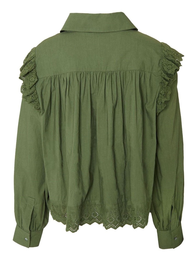 Another Sunday Green Pintuck Detail Lace Trim 100% Cotton Shirt - Image 2 of 5
