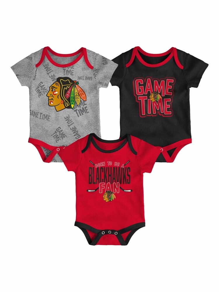 Fanatics Newborn 100% Cotton NHL Chicago Hawks Game Time Black Bodysuit 3 Piece - Image 1 of 4