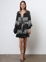 Religion Black Tie Dye Tunic Shirt Dress With Kimono Sleeves in Bright Floral Print - Image 1 of 6