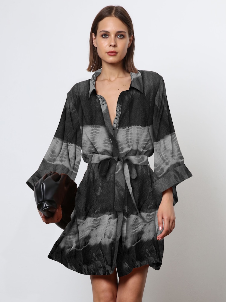 Religion Black Tie Dye Tunic Shirt Dress With Kimono Sleeves in Bright Floral Print - Image 2 of 6