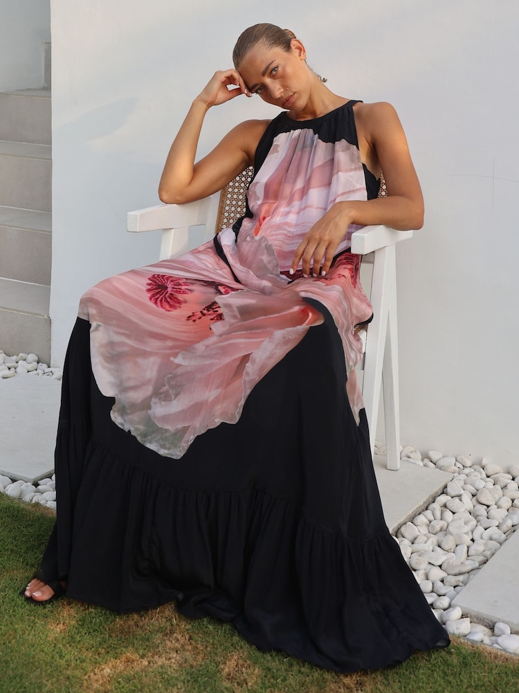 Religion Pink Floral Print Halterneck Maxi Dress With Large Floral Placement Print in Cupro - Image 1 of 8