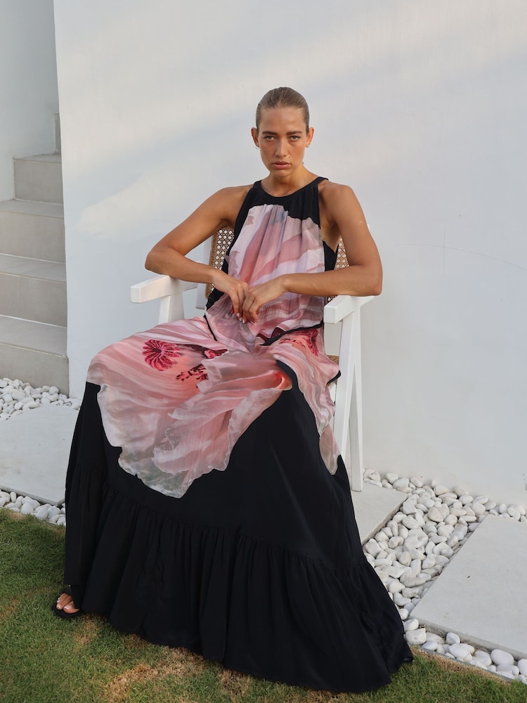 Religion Pink Floral Print Halterneck Maxi Dress With Large Floral Placement Print in Cupro - Image 2 of 8