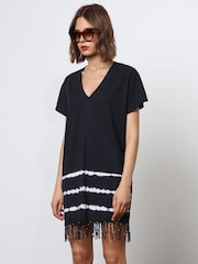 Religion Black 100% Cotton Particle Mini Tunic Dress With Tie Dye and Tassles - Image 2 of 6