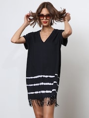 Religion Black 100% Cotton Particle Mini Tunic Dress With Tie Dye and Tassles - Image 4 of 6