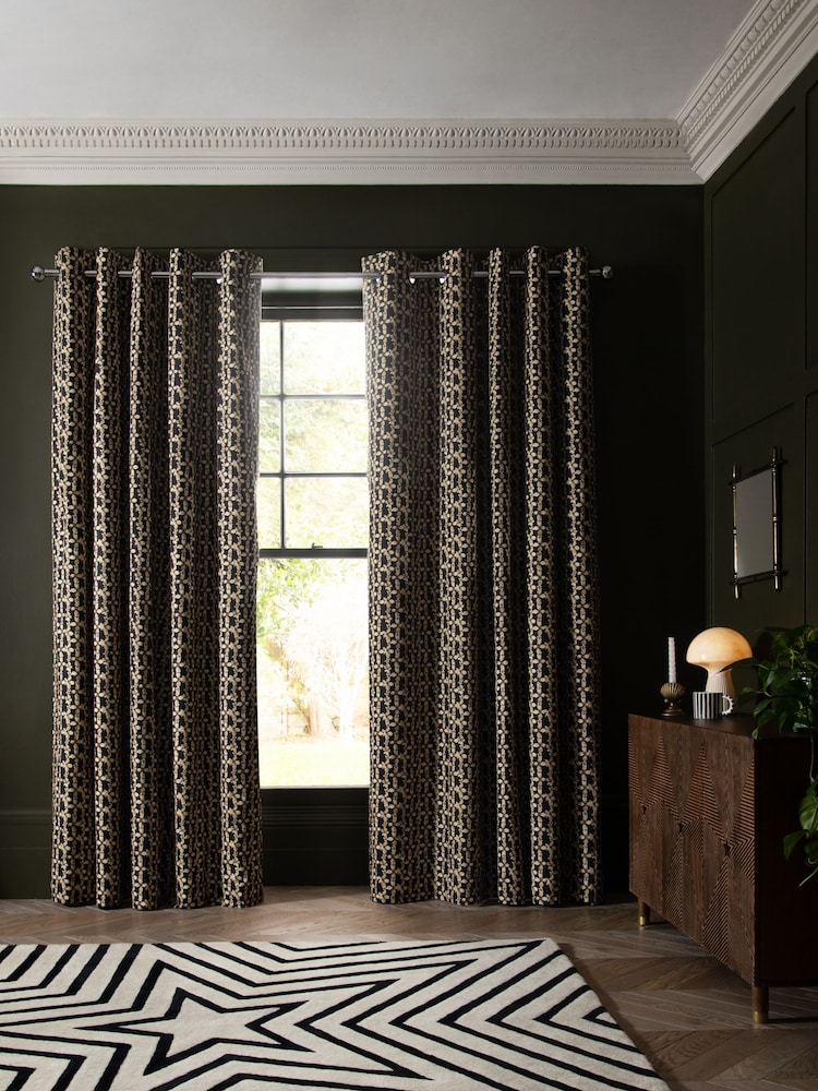 Rockett St George Black Midnight Daisy Eyelet Blackout Lined Curtains - Image 1 of 5