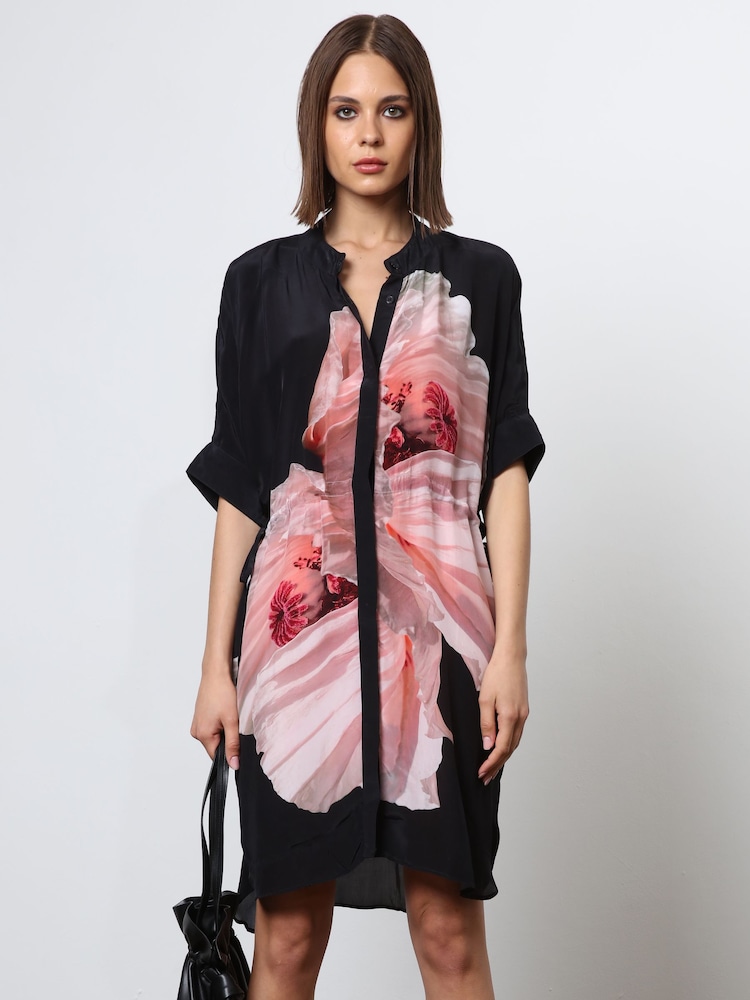 Religion Pink Floral Print Loose Fitting Tunic Shirt Dress - Image 1 of 6