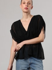 Religion Black V-Neck Radiant Top With Rushed Sleeve Detail - Image 1 of 6