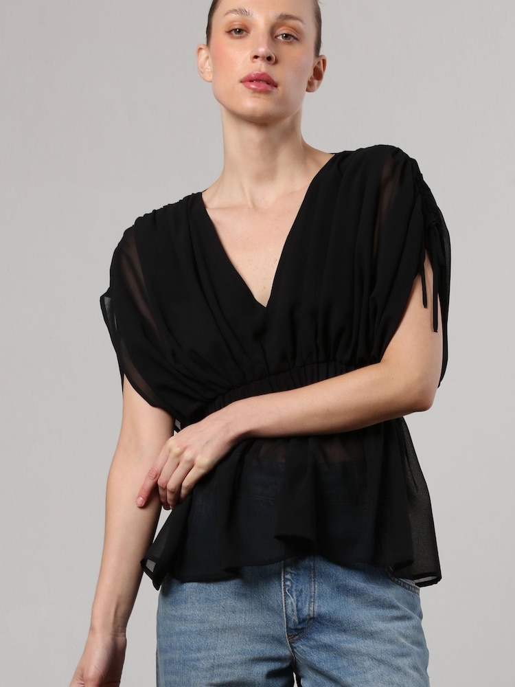 Religion Black V-Neck Radiant Top With Rushed Sleeve Detail - Image 1 of 6