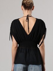 Religion Black V-Neck Radiant Top With Rushed Sleeve Detail - Image 2 of 6