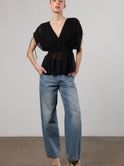 Religion Black V-Neck Radiant Top With Rushed Sleeve Detail - Image 4 of 6