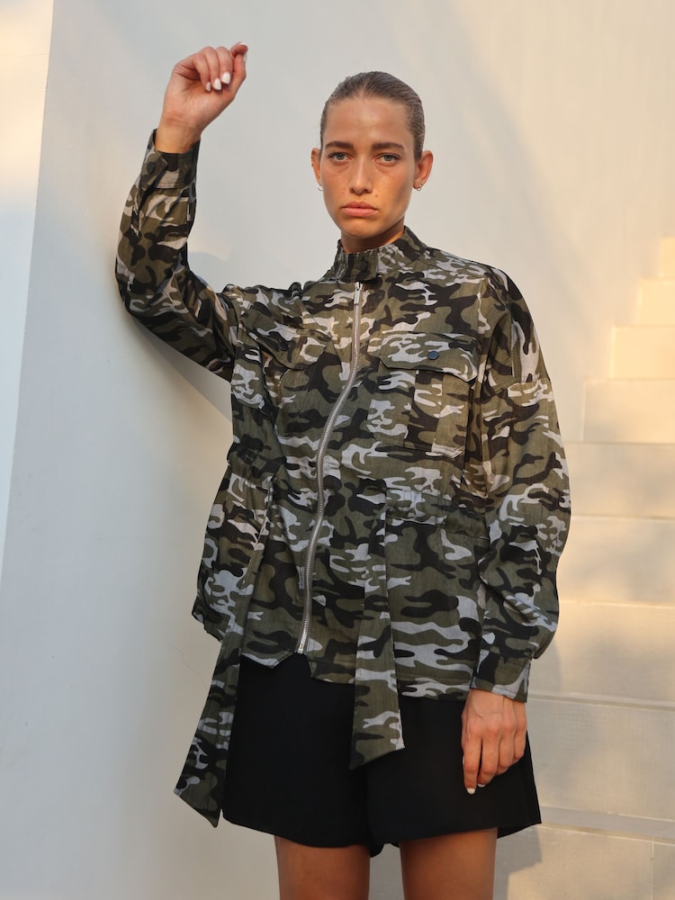 Religion Multi Utility Style Jacket With Patch Pockets and Belt in Camo - Image 7 of 7