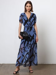 Religion Blue The Dusk Wrap Dress With Cap Sleeve in Abstract Print - Image 1 of 6