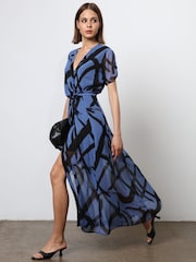 Religion Blue The Dusk Wrap Dress With Cap Sleeve in Abstract Print - Image 2 of 6