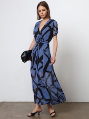 Religion Blue The Dusk Wrap Dress With Cap Sleeve in Abstract Print - Image 4 of 6