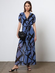 Religion Blue The Dusk Wrap Dress With Cap Sleeve in Abstract Print - Image 5 of 6