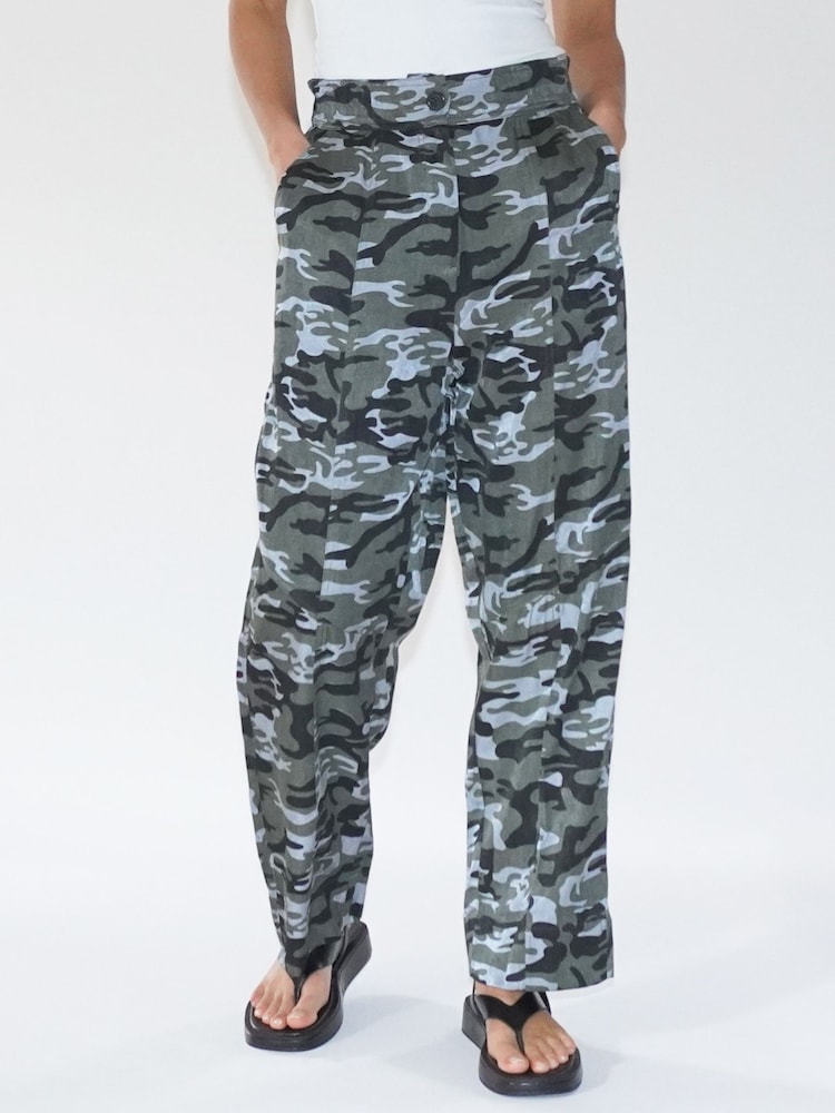 Religion Grey/Green Wide Lege Cargo Trousers in Soft Cotton - Image 1 of 6