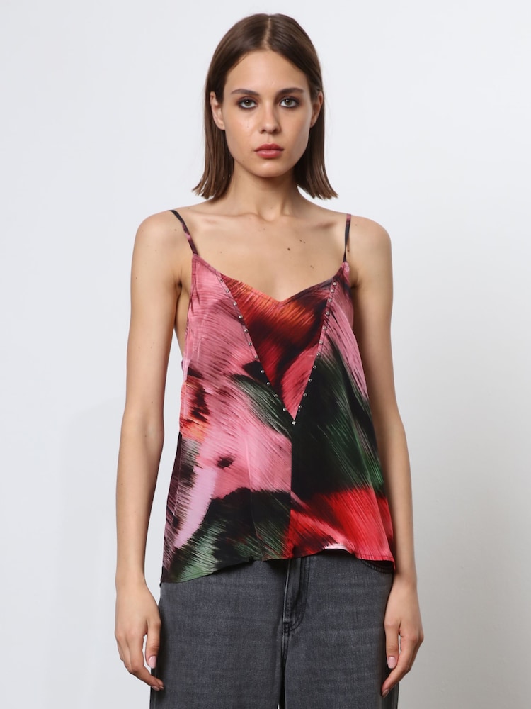 Religion Pink Camisole in Bright Pink Print With Stud Detailing - Image 1 of 6