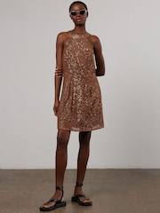 Religion Gold Metallic Halter Neck Mini Dress in Soft Sequin - Image 3 of 6
