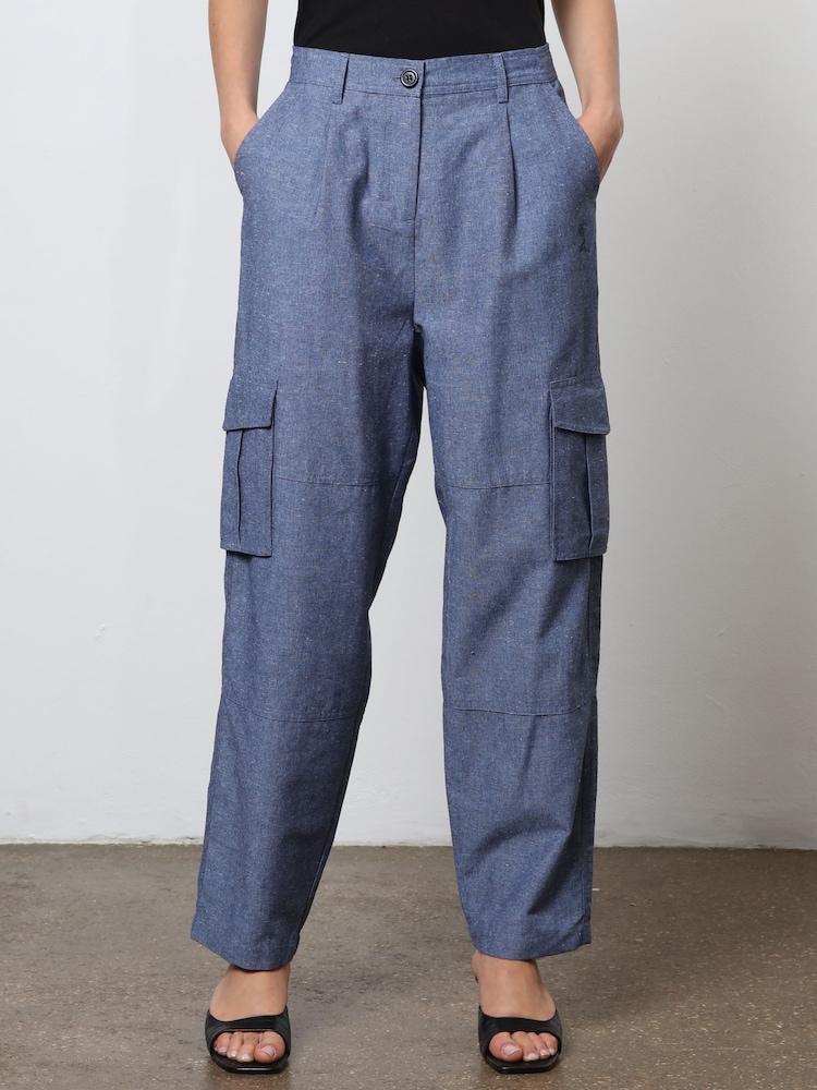 Religion Blue Linen Mix Cargo Utility Trousers - Image 1 of 4