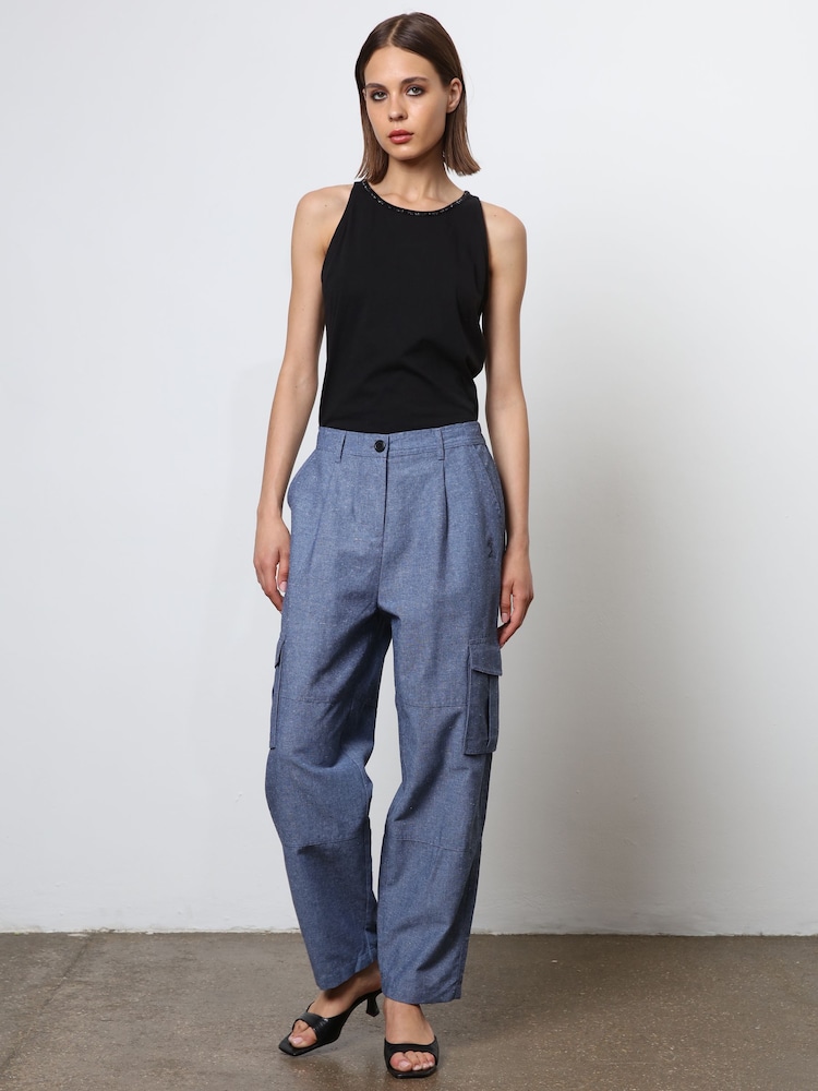 Religion Blue Linen Mix Cargo Utility Trousers - Image 2 of 4