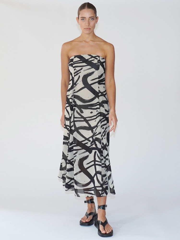 Religion Black/White Bandeau Midi Dress in Georgette Prints - Image 1 of 6