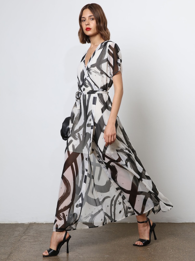 Religion White The Dusk Wrap Dress With Cap Sleeve in Abstract Print - Image 4 of 4