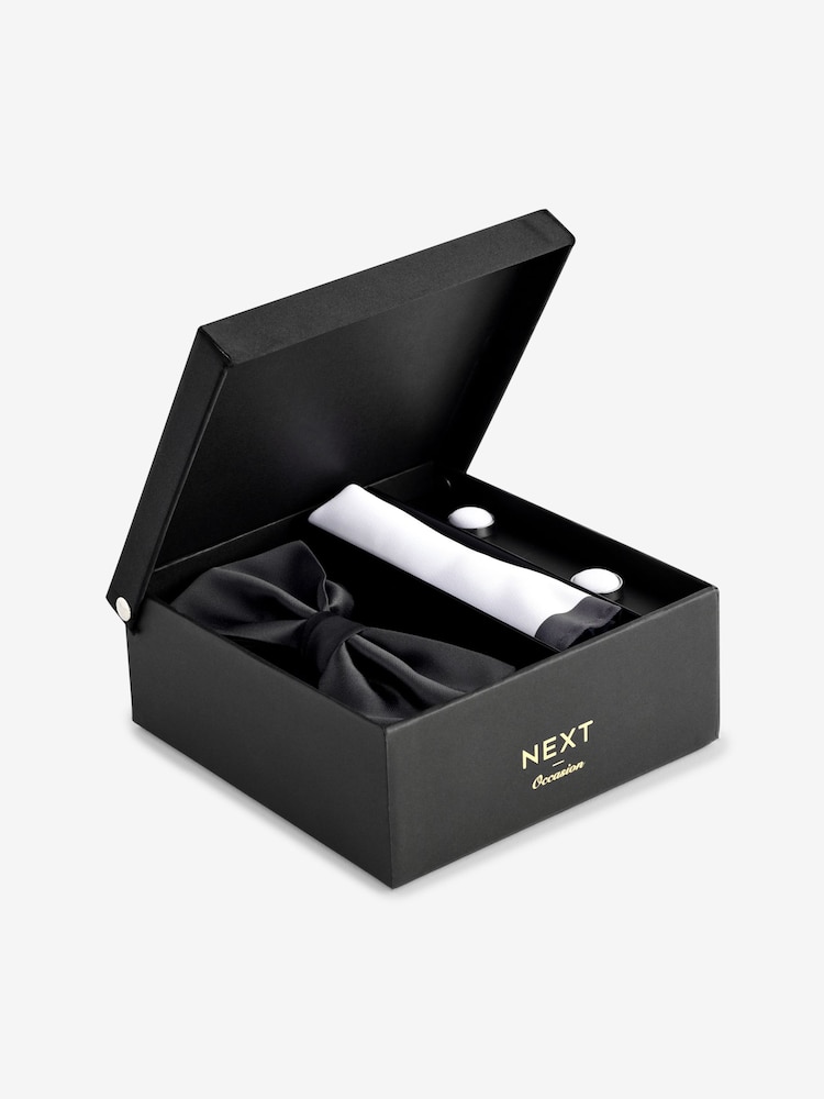 Black Bow Tie Pocket Square And Cufflinks Gift Box Set - Image 1 of 8