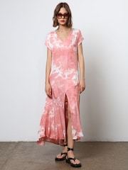 Religion Pink V-Neck Maxi Dress With Cap Sleeves in Pink Tie Dye - Image 1 of 8