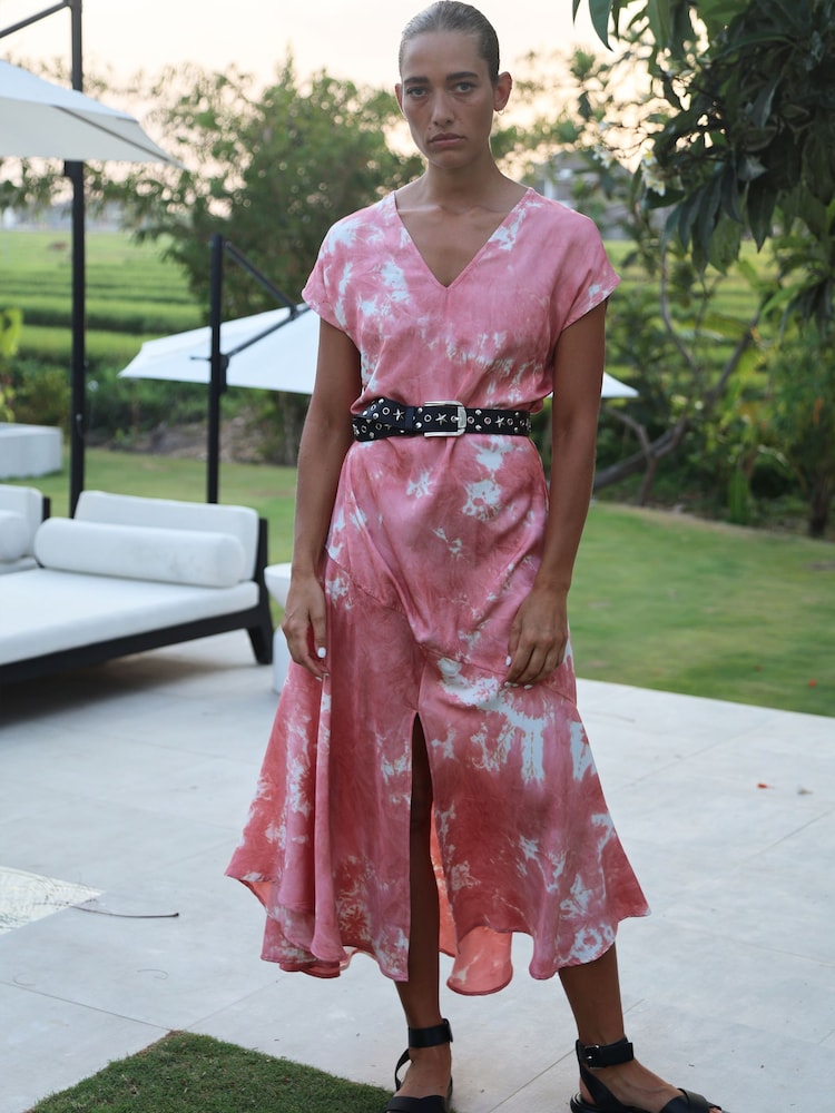 Religion Pink V-Neck Maxi Dress With Cap Sleeves in Pink Tie Dye - Image 8 of 8