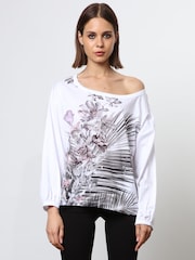 Religion White Off the Shoulder Batwing 100% Cotton Blouses With Placement Print - Image 1 of 6