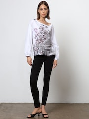 Religion White Off the Shoulder Batwing 100% Cotton Blouses With Placement Print - Image 2 of 6