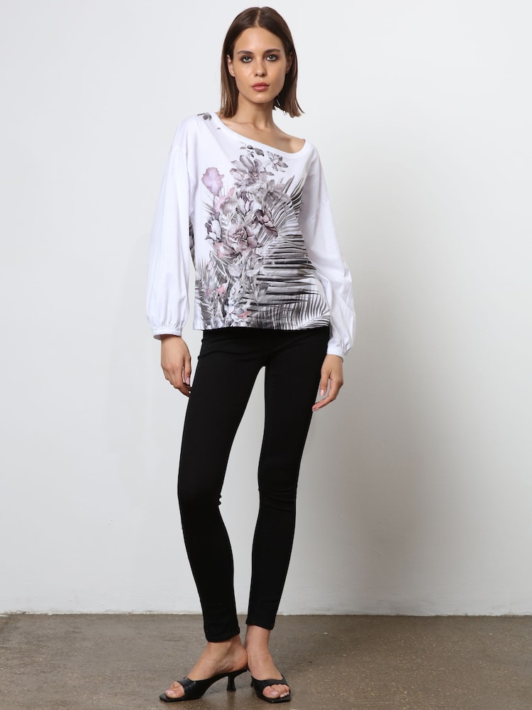 Religion White Off the Shoulder Batwing 100% Cotton Blouses With Placement Print - Image 2 of 6