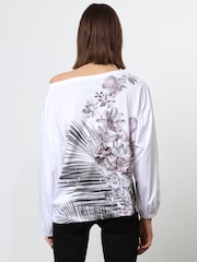 Religion White Off the Shoulder Batwing 100% Cotton Blouses With Placement Print - Image 3 of 6