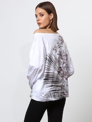 Religion White Off the Shoulder Batwing 100% Cotton Blouses With Placement Print - Image 4 of 6