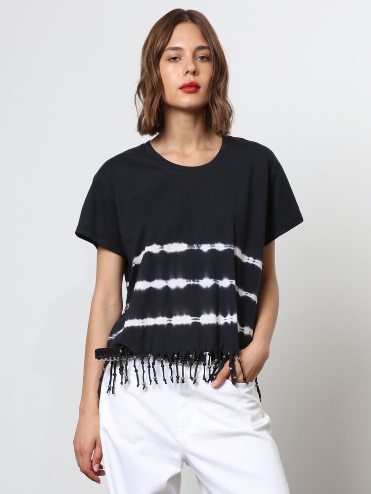 Religion Black Oversized Particle 100% Cotton T-Shirt with Tie Dye Stripe and Tassles - Image 1 of 6