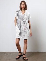 Religion White Loose Jersey 100% Cotton Tunic Dress With Large Floral Placement Print - Image 5 of 6