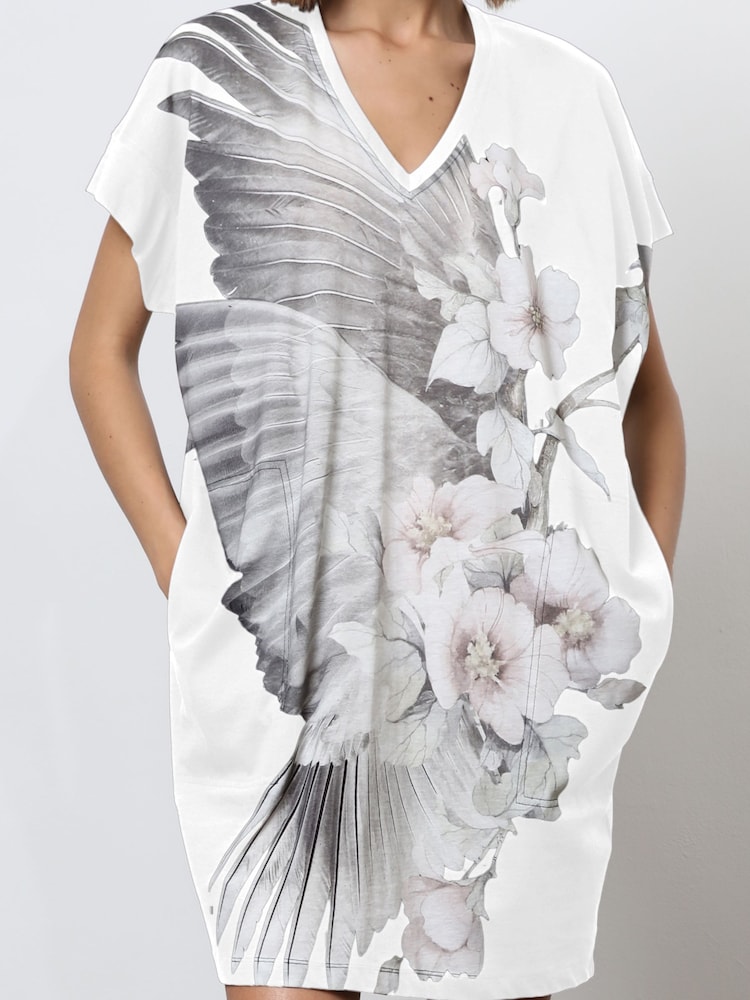 Religion White Loose Jersey 100% Cotton Tunic Dress With Large Floral Placement Print - Image 6 of 6
