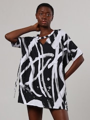 Religion Black White 100% Cotton Jersey Tunic Dress With Tie Waist in Abstract Print - Image 2 of 6