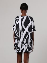 Religion Black White 100% Cotton Jersey Tunic Dress With Tie Waist in Abstract Print - Image 3 of 6
