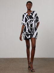 Religion Black White 100% Cotton Jersey Tunic Dress With Tie Waist in Abstract Print - Image 5 of 6