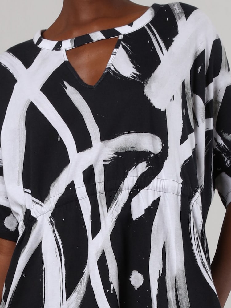 Religion Black White 100% Cotton Jersey Tunic Dress With Tie Waist in Abstract Print - Image 6 of 6