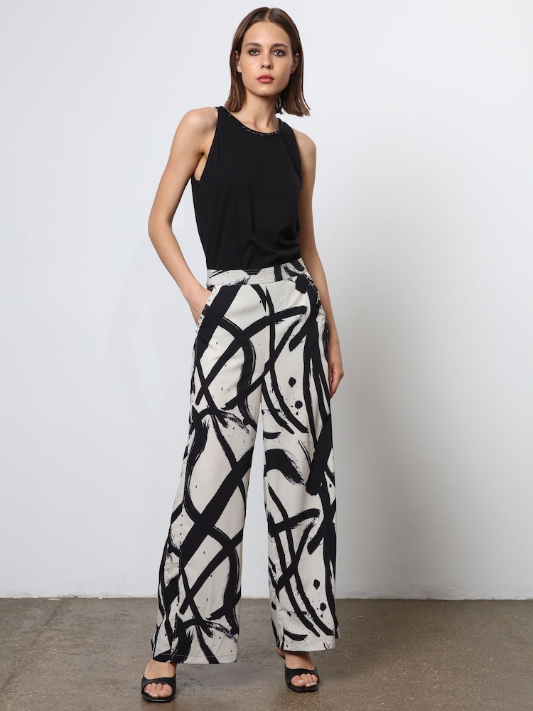 Religion Cream Wide Leg Trousers in Abstract Print With Stud Trim - Image 1 of 6