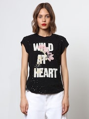 Religion Black Customized Style Slogan 100% Cotton T-Shirt with Distressing and Sequins - Image 1 of 6