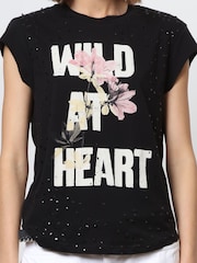 Religion Black Customized Style Slogan 100% Cotton T-Shirt with Distressing and Sequins - Image 5 of 6
