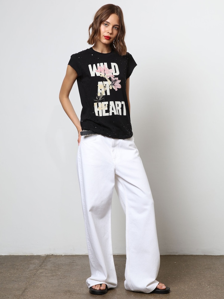 Religion Black Customized Style Slogan 100% Cotton T-Shirt with Distressing and Sequins - Image 6 of 6