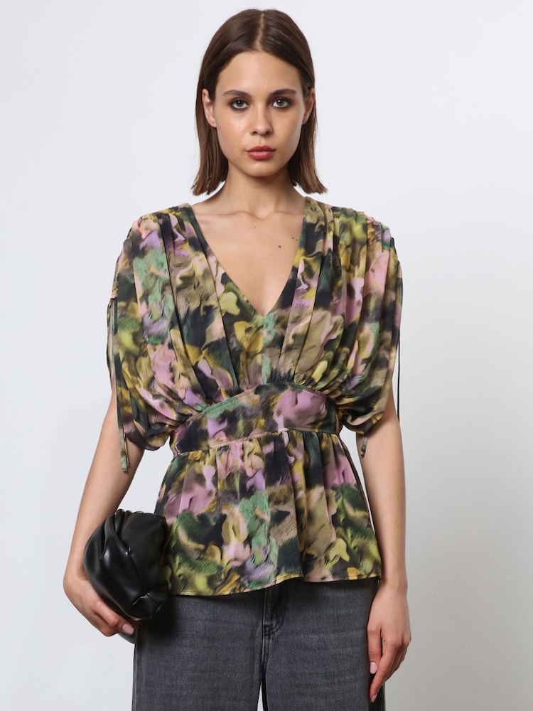 Religion Natural V-neck Radiant Top With Rushed Sleeve Detail - Image 1 of 8